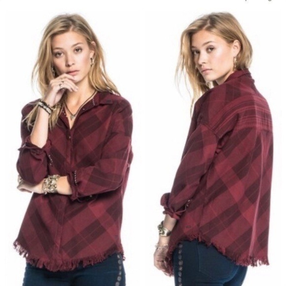 Scotch Soda Plaid‎ Button Down Shirt Women Maroon Fringe Distressed Size 1/Small
